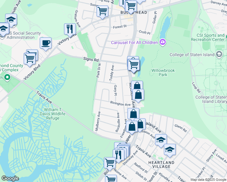 map of restaurants, bars, coffee shops, grocery stores, and more near 66 Mulberry Circle in Staten Island