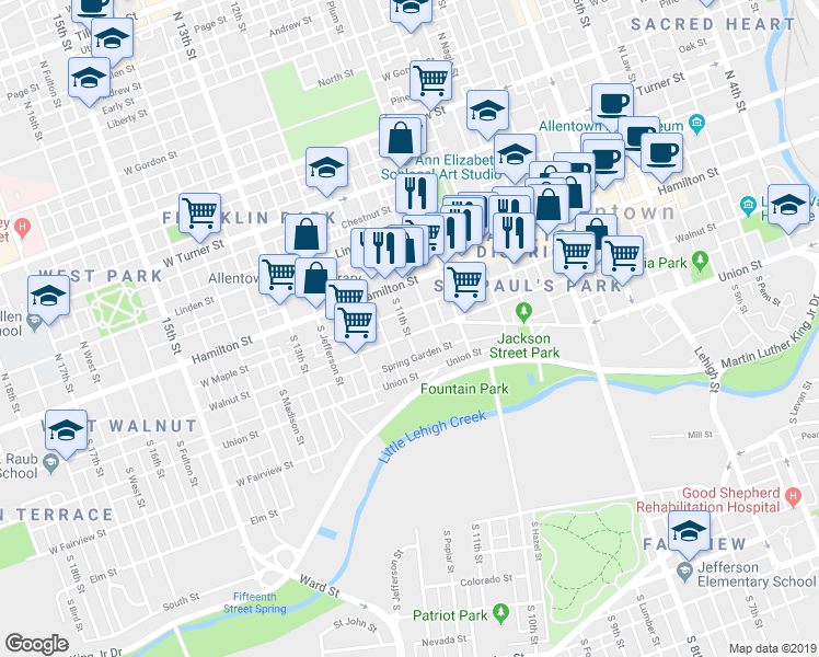 map of restaurants, bars, coffee shops, grocery stores, and more near 1029 Walnut Street in Allentown