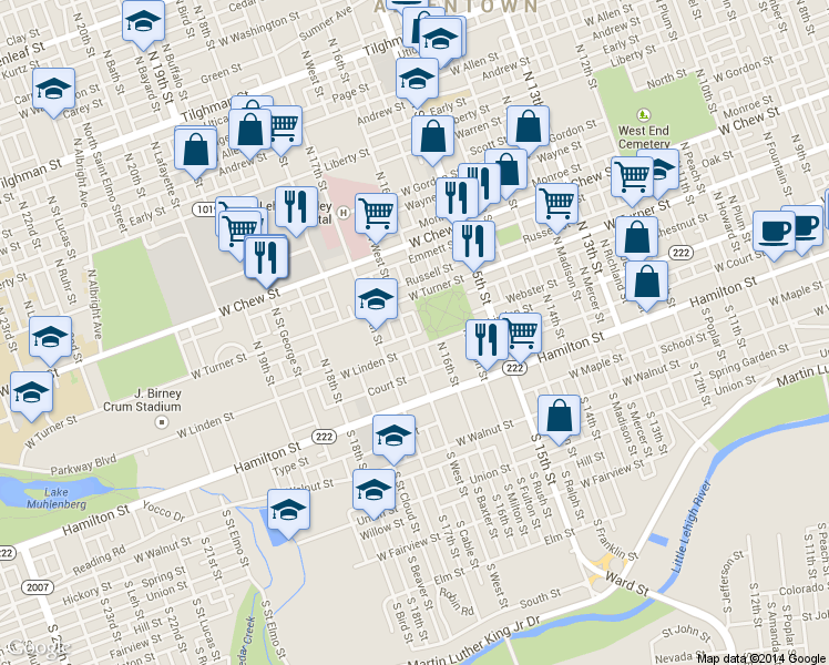 map of restaurants, bars, coffee shops, grocery stores, and more near 132 North West Street in Allentown