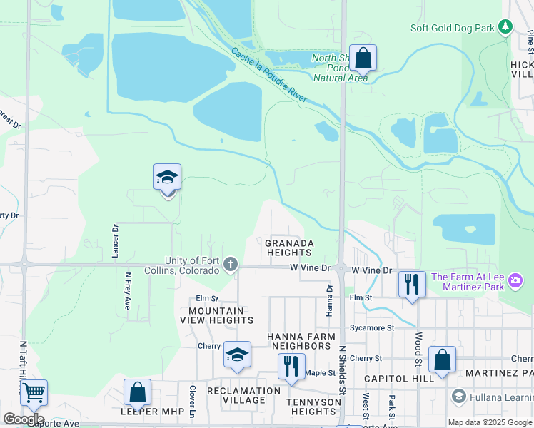 map of restaurants, bars, coffee shops, grocery stores, and more near 843 Aztec Drive in Fort Collins