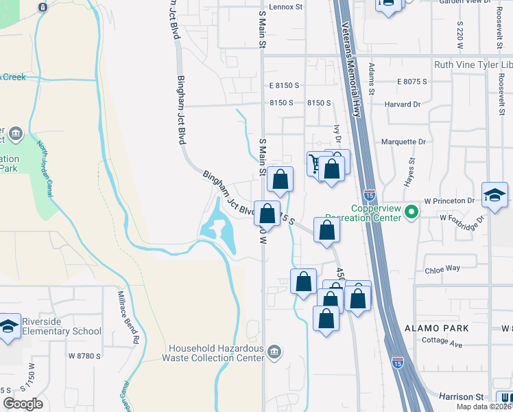 map of restaurants, bars, coffee shops, grocery stores, and more near South Iris Lumi Lane in Midvale