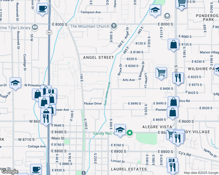 map of restaurants, bars, coffee shops, grocery stores, and more near 8378 South 300 East in Sandy