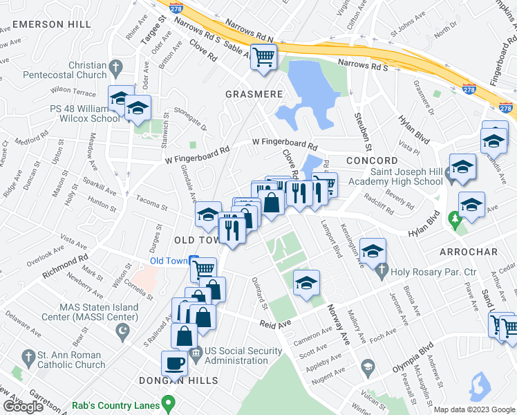 map of restaurants, bars, coffee shops, grocery stores, and more near 41 Winfield Avenue in Staten Island