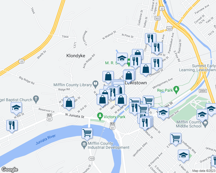 map of restaurants, bars, coffee shops, grocery stores, and more near 3 East 3rd Street in Lewistown