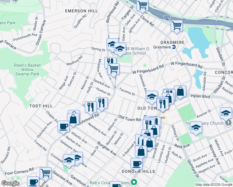 map of restaurants, bars, coffee shops, grocery stores, and more near 16 Tacoma Street in Staten Island