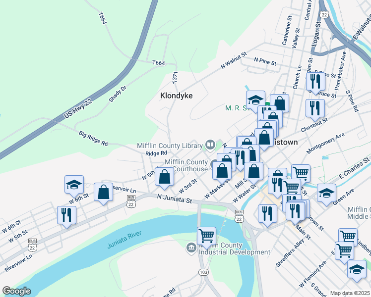 map of restaurants, bars, coffee shops, grocery stores, and more near 138 West 5th Street in Lewistown