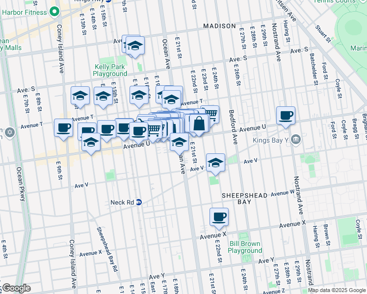 map of restaurants, bars, coffee shops, grocery stores, and more near 1928 Avenue U in Brooklyn
