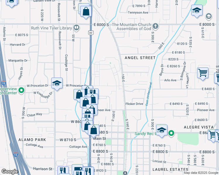 map of restaurants, bars, coffee shops, grocery stores, and more near 88 East Princeton Drive in Sandy