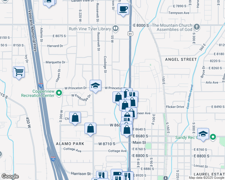 map of restaurants, bars, coffee shops, grocery stores, and more near 59 West Princeton Drive in Midvale