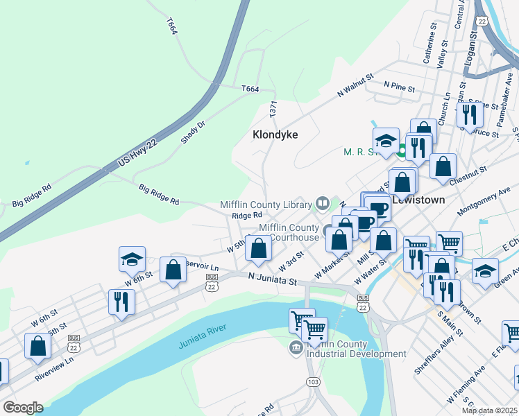 map of restaurants, bars, coffee shops, grocery stores, and more near 10 Ridge Road in Lewistown