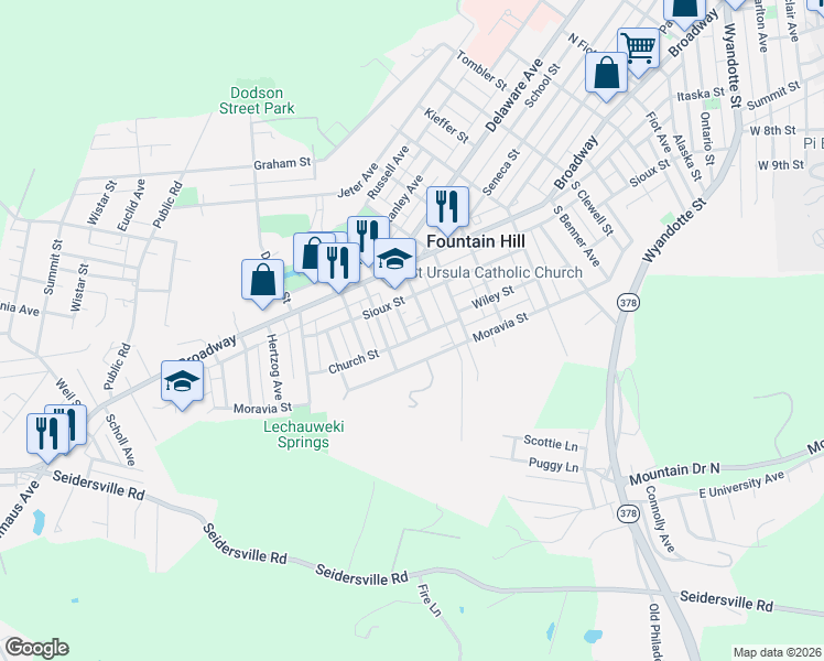 map of restaurants, bars, coffee shops, grocery stores, and more near 627 Forrest Street in Fountain Hill