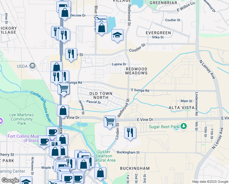 map of restaurants, bars, coffee shops, grocery stores, and more near 434 Emmaus Lane in Fort Collins