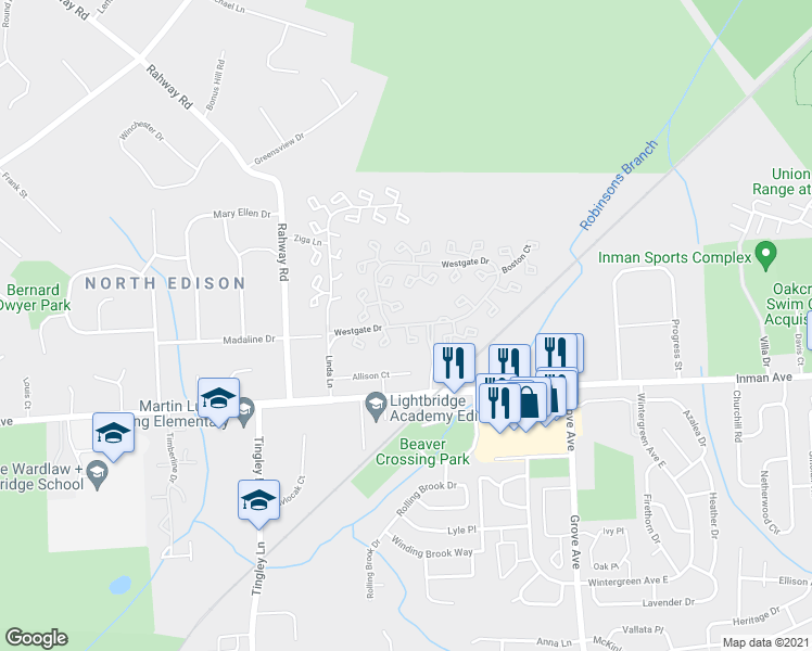 map of restaurants, bars, coffee shops, grocery stores, and more near 98 Westgate Drive in Edison