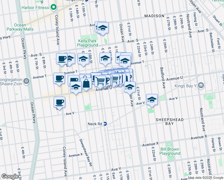 map of restaurants, bars, coffee shops, grocery stores, and more near 735 Avenue U in Brooklyn