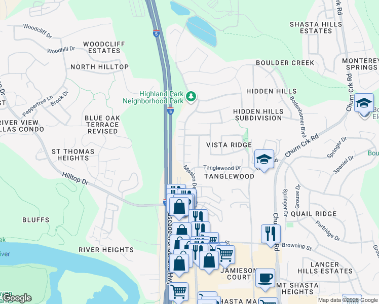 map of restaurants, bars, coffee shops, grocery stores, and more near 674 Mission De Oro Drive in Redding