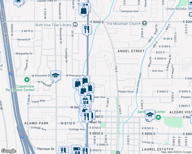 map of restaurants, bars, coffee shops, grocery stores, and more near 52 East Princeton Drive in Sandy