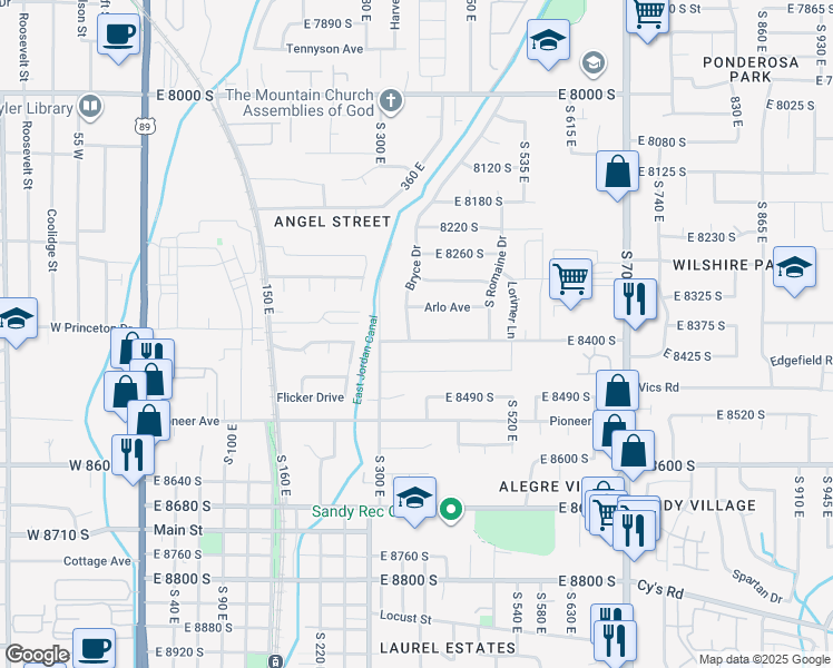 map of restaurants, bars, coffee shops, grocery stores, and more near 359 East 8400 South in Sandy