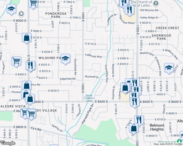 map of restaurants, bars, coffee shops, grocery stores, and more near 8379 Sycamore Tree Cove in Sandy