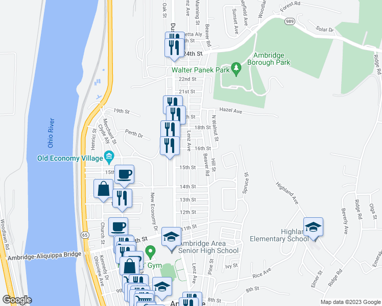 map of restaurants, bars, coffee shops, grocery stores, and more near 1526 Lenz Avenue in Ambridge