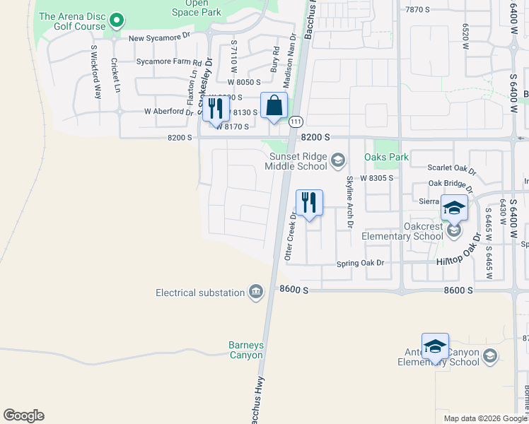 map of restaurants, bars, coffee shops, grocery stores, and more near 7039 W Monsen Way in West Jordan