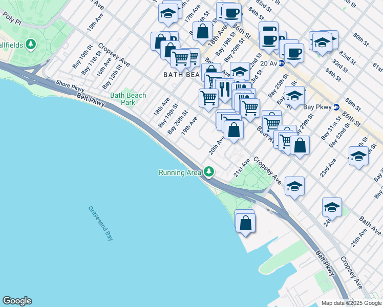map of restaurants, bars, coffee shops, grocery stores, and more near 1946 19th Lane in Brooklyn