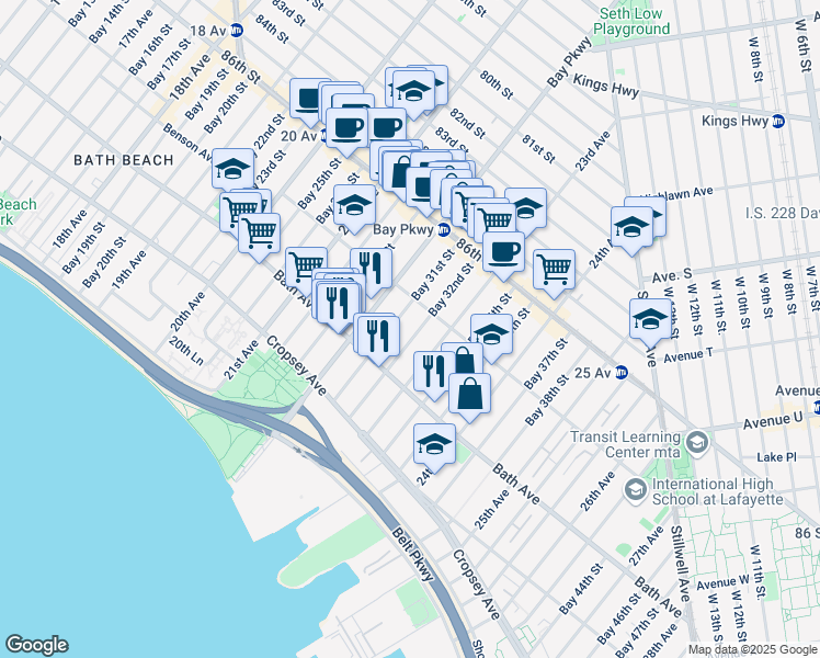 map of restaurants, bars, coffee shops, grocery stores, and more near 114 Bay 32nd Street in Brooklyn