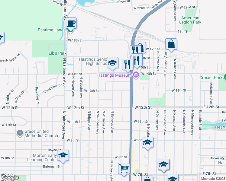 map of restaurants, bars, coffee shops, grocery stores, and more near 1098 W 13th St in Hastings