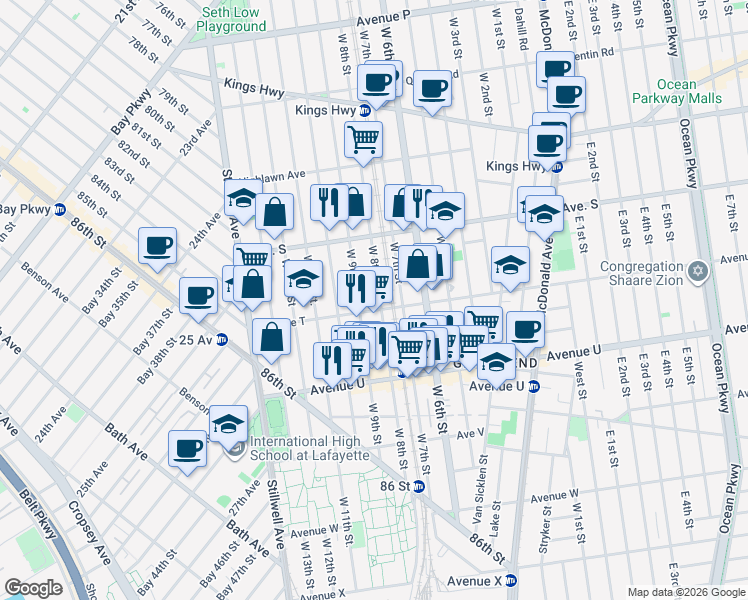 map of restaurants, bars, coffee shops, grocery stores, and more near 1986 West 8th Street in Brooklyn