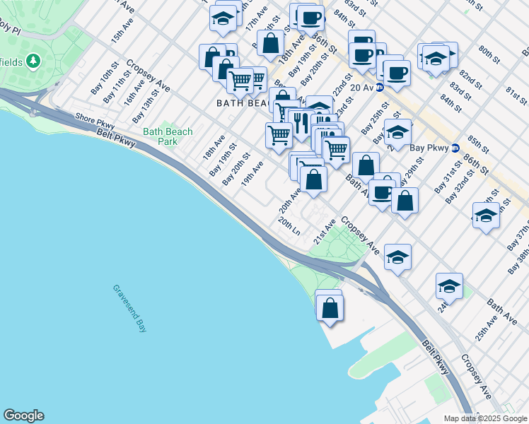 map of restaurants, bars, coffee shops, grocery stores, and more near 1429 Shore Parkway in Brooklyn