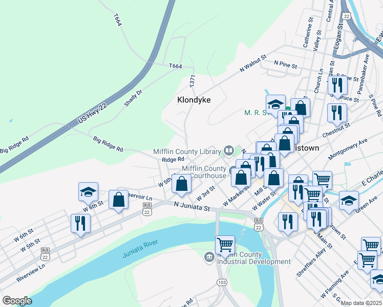 map of restaurants, bars, coffee shops, grocery stores, and more near 311 North Grand Street in Lewistown