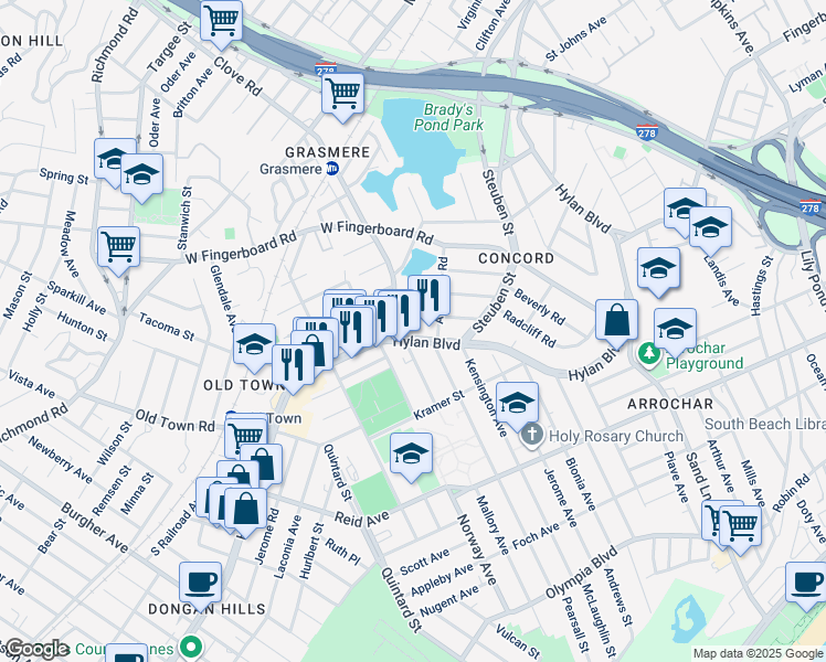 map of restaurants, bars, coffee shops, grocery stores, and more near 1139 Hylan Boulevard in Staten Island