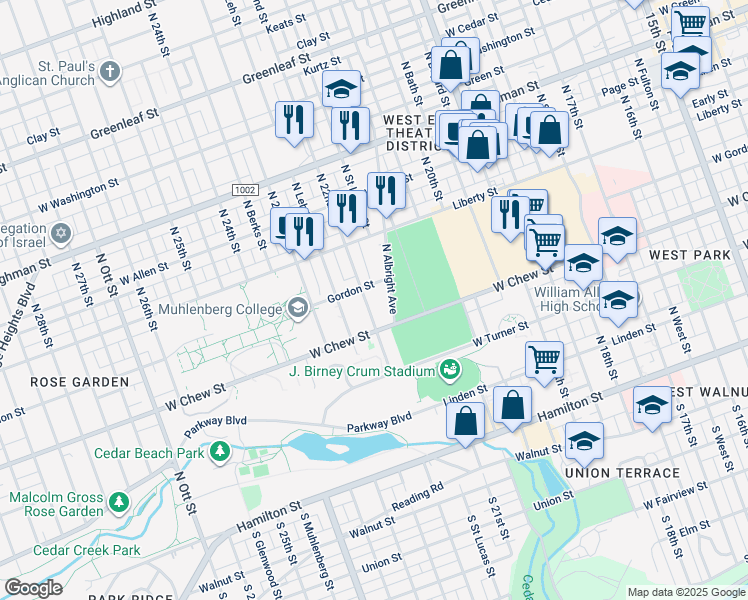 map of restaurants, bars, coffee shops, grocery stores, and more near 2202-2212 Gordon Street in Allentown