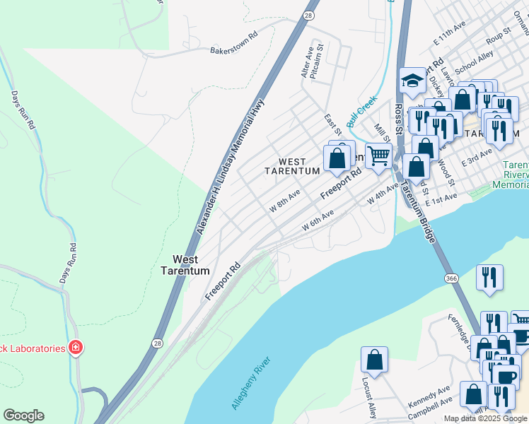 map of restaurants, bars, coffee shops, grocery stores, and more near 400 West 8th Avenue in Tarentum
