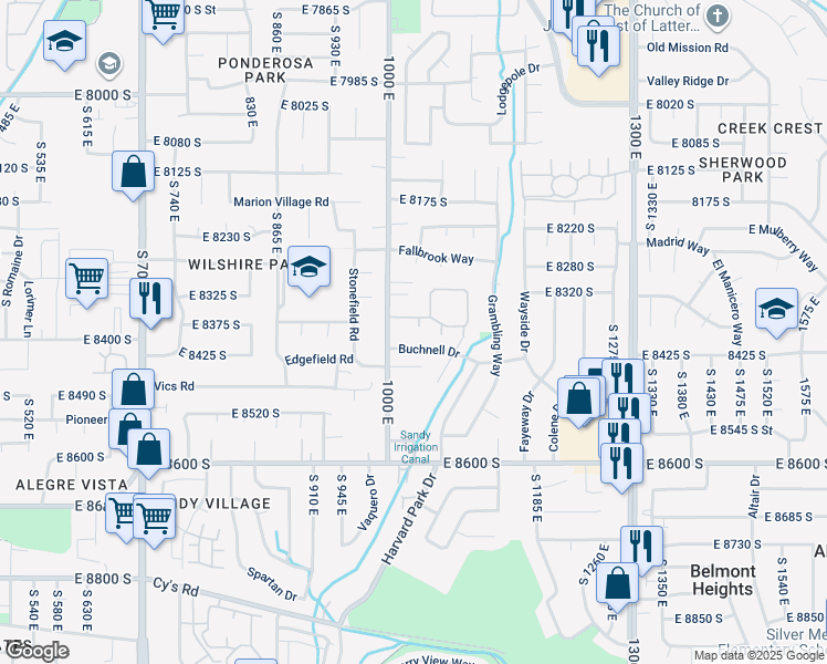 map of restaurants, bars, coffee shops, grocery stores, and more near 8378 Sycamore Tree Cove in Sandy