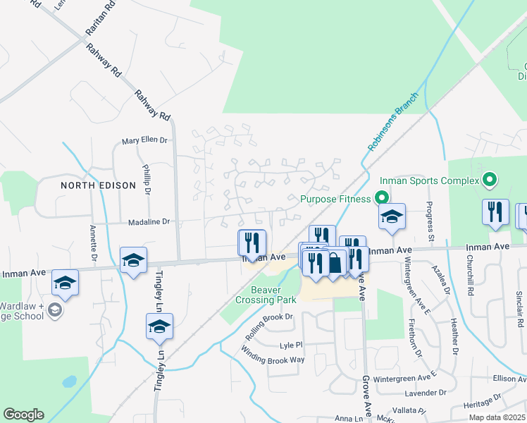 map of restaurants, bars, coffee shops, grocery stores, and more near 7 Westgate Drive in Edison