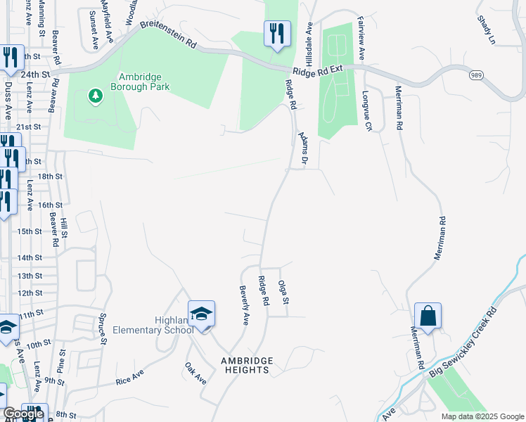 map of restaurants, bars, coffee shops, grocery stores, and more near 1481 Oakridge Drive in Ambridge