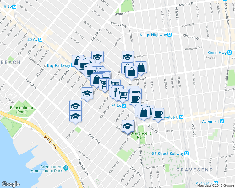 map of restaurants, bars, coffee shops, grocery stores, and more near 2454 85th Street in Brooklyn