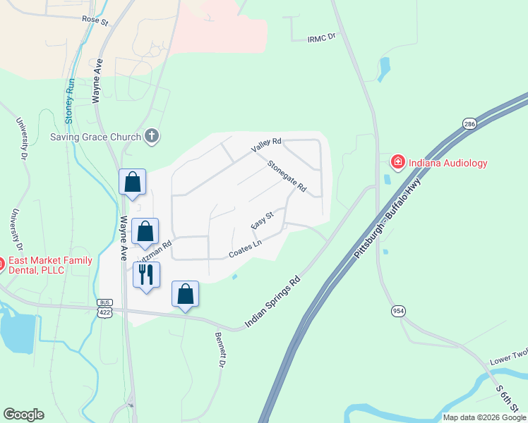 map of restaurants, bars, coffee shops, grocery stores, and more near 26 Easy Street in Indiana