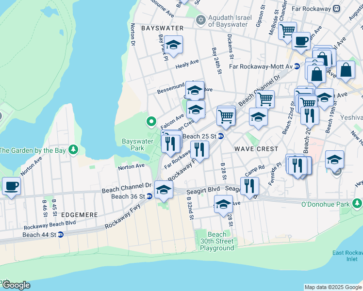 map of restaurants, bars, coffee shops, grocery stores, and more near 2959 Beach Channel Drive in Queens