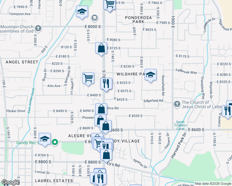 map of restaurants, bars, coffee shops, grocery stores, and more near 8390 South 745 East in Sandy