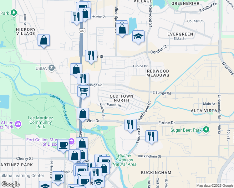 map of restaurants, bars, coffee shops, grocery stores, and more near 909 Blondel Street in Fort Collins