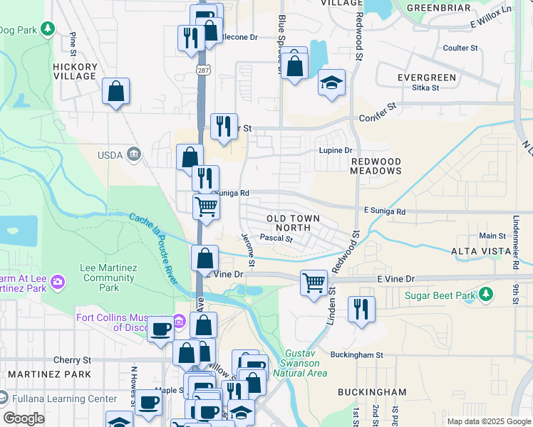map of restaurants, bars, coffee shops, grocery stores, and more near 909 Blondel Street in Fort Collins