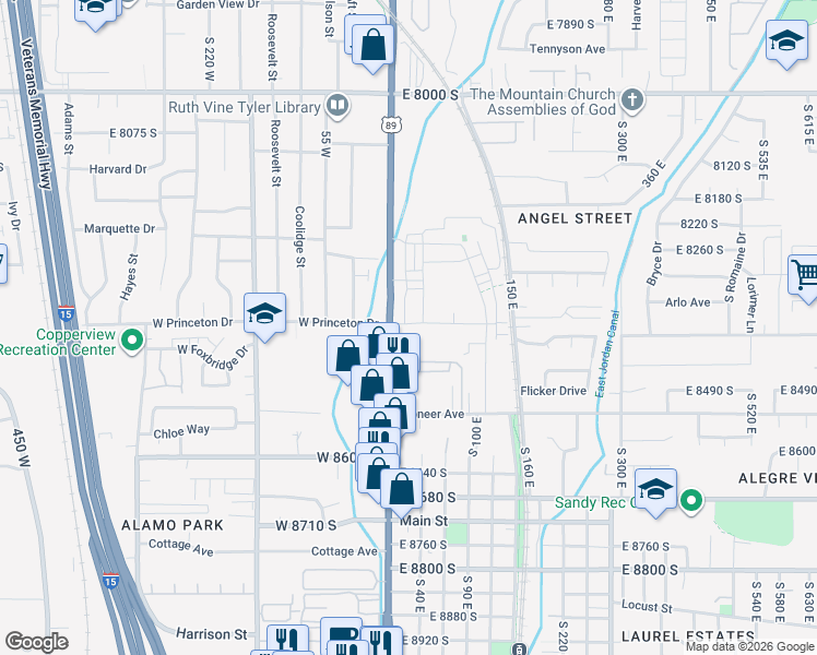 map of restaurants, bars, coffee shops, grocery stores, and more near 52 East Princeton Drive in Sandy