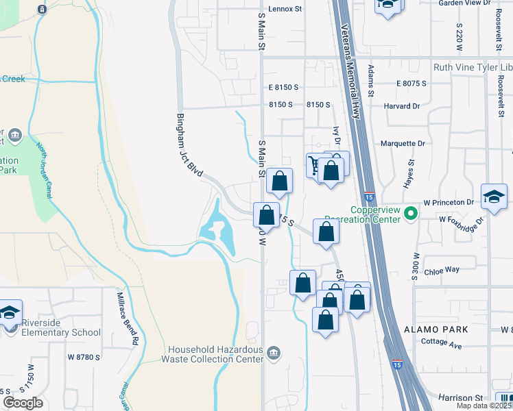 map of restaurants, bars, coffee shops, grocery stores, and more near 8395 South Main Street in Midvale