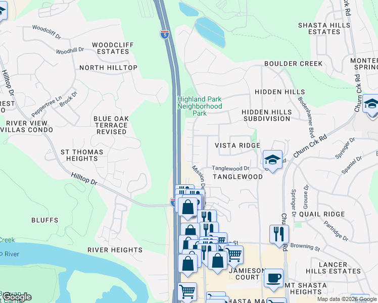 map of restaurants, bars, coffee shops, grocery stores, and more near 674 Mission De Oro Drive in Redding
