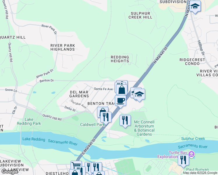 map of restaurants, bars, coffee shops, grocery stores, and more near 1586 Santa Fe Avenue in Redding