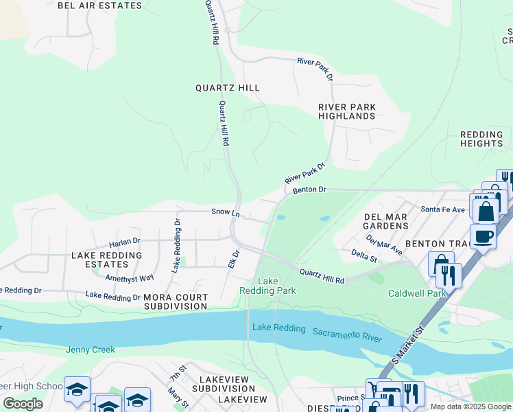 map of restaurants, bars, coffee shops, grocery stores, and more near 101 Quartz Hill Rd in Redding