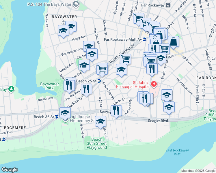 map of restaurants, bars, coffee shops, grocery stores, and more near 525 Beach 25th Street in Queens