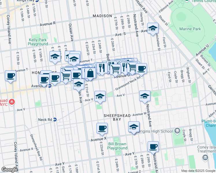 map of restaurants, bars, coffee shops, grocery stores, and more near 2135 East 24th Street in Brooklyn