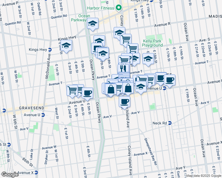 map of restaurants, bars, coffee shops, grocery stores, and more near 2050 East 8th Street in Brooklyn